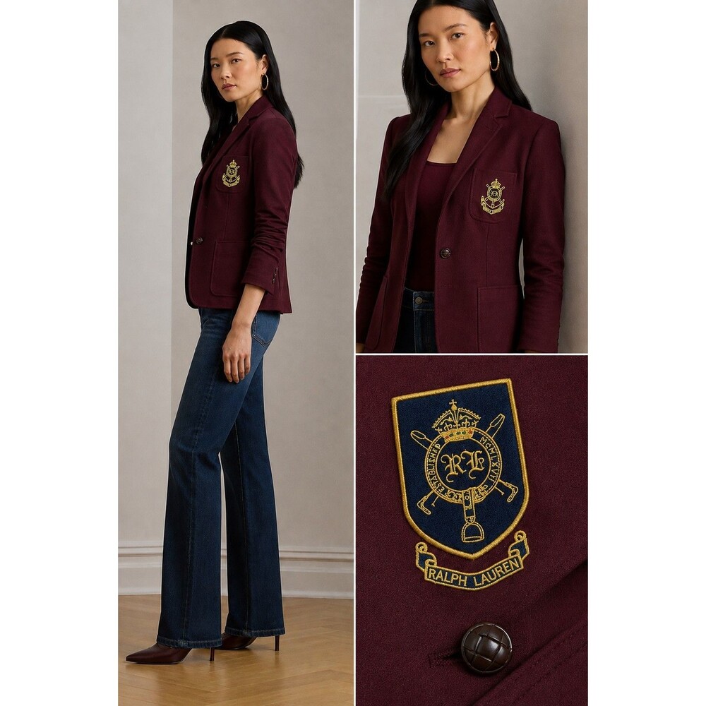 Ralph Lauren Womens Burgundy Knit Crest Blazer Leather Buttons Size S Preppy